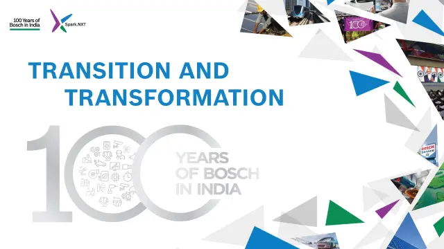 Graphic with text Transiton and Transforming, 100 years of Bosch in India